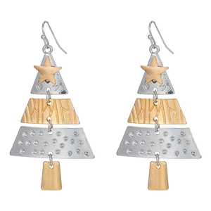 Handmade Christmas tree drop earrings with gold star and textured mixed metal plates