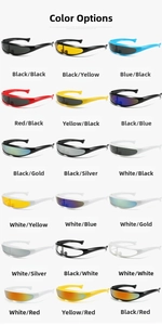 Detailed catalog of futuristic wrap-around sports sunglasses in 18 vibrant color schemes