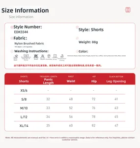Size chart for yoga shorts with measurements and nylon spandex fabric details
