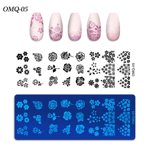 Detail of OMQ-05 nail stamping plate featuring floral rose patterns and sample manicure