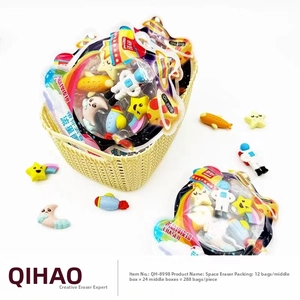Close-up of cute astronaut space themed novelty eraser set with detachable mini parts