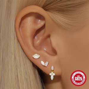 S925 sterling silver opal and marquise zircon stud earrings set worn by a model