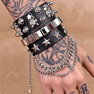 Punk Gothic Bracelet PU Leather Alloy Skull Rivet Studs Multi Layer Adjustable Streetwear Rock Wristband For Women Men