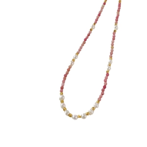 Elegant necklace with pink natural stones, white pearls, and gold-tone faceted beads