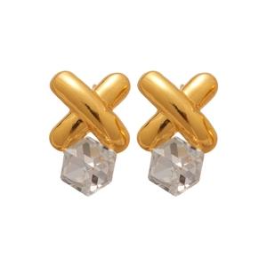 Crossed X gold stud earrings with geometric clear crystal pendants on white background