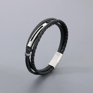 Men's multilayer black braided leather bracelet with silver metal magnetic clasp
