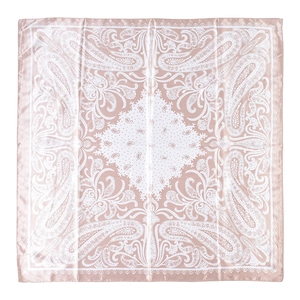 Detailed flat lay of pink satin square scarf with white paisley patterns on white backdrop