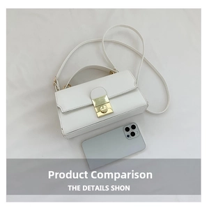 Detailed view of a white leather crossbody bag with gold lock and smartphone for scale
