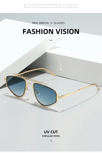 Detail view of gold metal sunglasses frame with blue gradient lenses and UV CUT protection