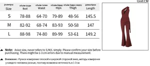 Size guide table for one-shoulder slim jumpsuit showing bust, waist and hip measurements