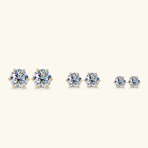 Detailed comparison of three sizes of six-prong D color moissanite stud earrings