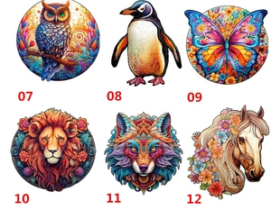 Irregular wooden animal puzzle set featuring colorful owl penguin lion and wolf patterns