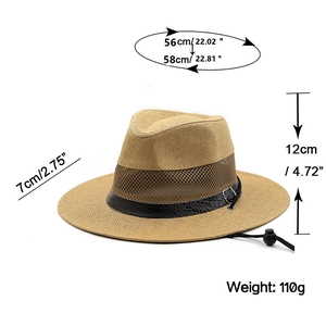 Panama straw hat in khaki with mesh vents and dimension guide for outdoor sun protection