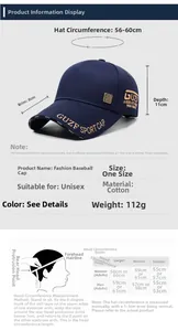 Guide des tailles montrant le tour de tête de 56-60cm et les détails de la casquette coton