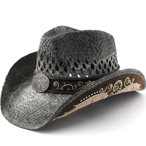 Classic wide brim Western cowboy hat in dark grey straw with vintage metal buckle
