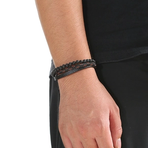Men's set of three bracelets with black lava stone and braided brown leather cords