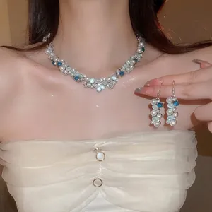 Elegant Imitation Artificial Pearl Rhinestone Jewelry Set For Women Cluster Necklace Bracelet Earrings Blue Beads Fashionable