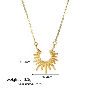 Detailed view of 18K gold sunburst pendant with measurements and product dimensions