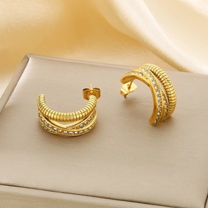 Boucles d'oreilles créoles C torsadées plaquées or 18K en acier inoxydable et cristaux
