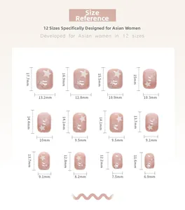 Size chart showing 12 dimensions for star-patterned press-on nails in pink gradient finish