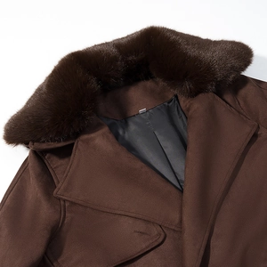 Fashionable dark brown suede winter coat featuring a plush faux fur collar and lapel