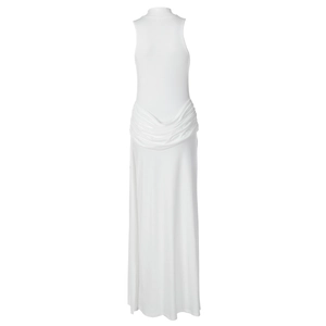 Rear view of white sleeveless maxi dress showing elegant waist pleats and soft fabric