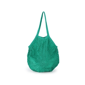 Detailed view of green mesh woven tote bag showing durable large grid structure and wide handle
