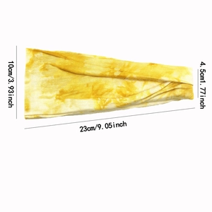 Detailed size chart of yellow tie-dye sports headband showing width and length dimensions