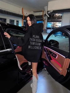 Women Hoodies Rhinestone Letter Back Print Oversized Streetwear Cotton Polyester Loose Sweatshirt Hooded Long Sleeve