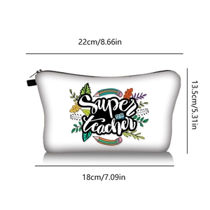 Detailed size chart for Super Teacher canvas makeup bag showing dimensions and design
