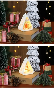 Detail of Christmas lantern with Santa and snowman motifs in a festive setting