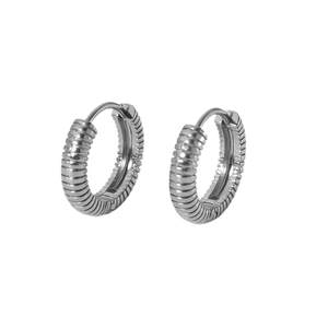 Minimalist silver twist hoop earrings with spiral texture for women in stainless steel