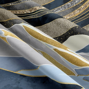 Macro view of modern mountain art tapestry fabric with golden sand lines and soft texture