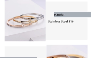 Three-tone 316 stainless steel hollow bangle set with central crystal and side pave diamonds