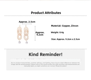 Macro detail of multilayer oval drop earrings showing size dimensions and zircon stones