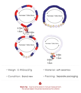 Detailed size specifications for red white and blue USA themed layered bead bracelets