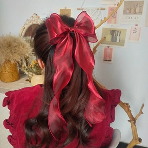 Elegant large red pearlescent organza bow hair clip with long ribbons for Lolita hairstyle