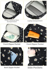Detail view of large capacity backpack compartments showing laptop sleeve and daisy pattern