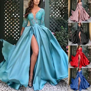 Robe De Soirée À Paillettes Et Dentelle Pour Femmes Col En V Profond Manches Longues Satin Fente Haute Robe De Bal Élégante