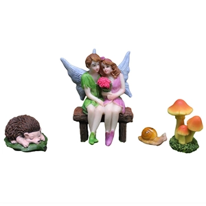 Garden fairy couple with hedgehog snail and mushroom resin outdoor decor set