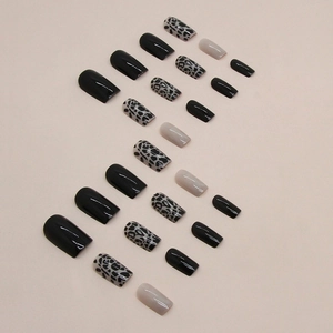 Chic black leopard print medium square press-on nails set with 24 pieces in matte and gloss