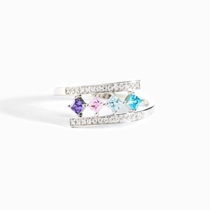 Elegant S925 sterling silver ring with colorful square zircons and side accents