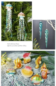 Detail of ocean-themed glass Christmas ornaments with sea horse and jellyfish on tree