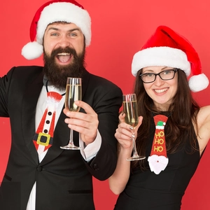 Christmas felt ties featuring Santa and HO HO HO patterns for festive holiday parties