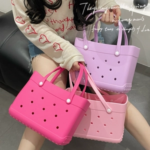 Showcase of medium size EVA beach tote bags with DIY holes in vibrant pink and lilac