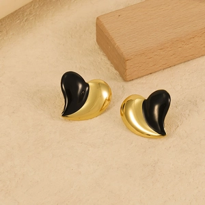 Modern 18K gold plated heart stud earrings with black drip glaze finish for women