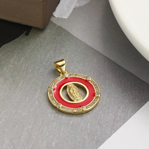 Virgin Mary gold pendant with red enamel inlay and white zircon stones on round frame