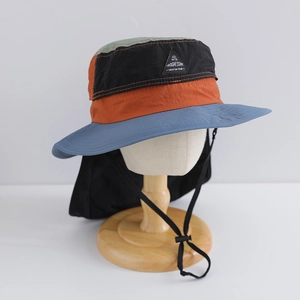 Close-up of outdoor hiking hat with neck protection, quick-dry fabric and adjustable strap