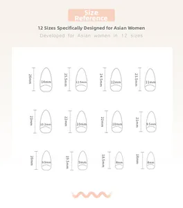 Size chart showing 12 almond press-on nail dimensions in millimeters for precise fitting
