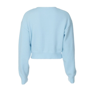 Detailed back view of a light blue long-sleeved knitted cardigan with ribbed texture